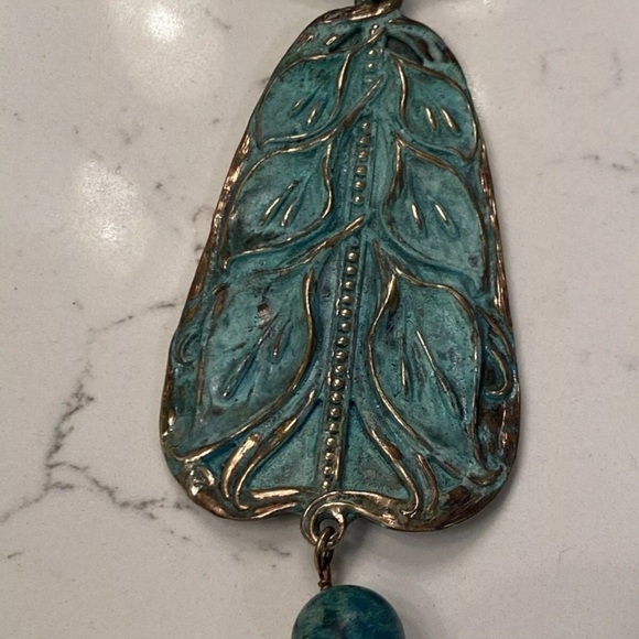 Elaine Coyne Solid Brass Patina Calla Lily Jasper Rawhide Necklace Signed NWT - Picture 2 of 5